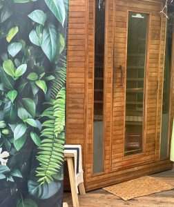 Infrared Sauna by the living garden wall in the orchard under the gazebo